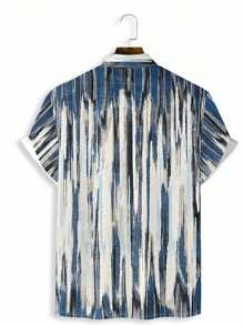 Manfinity Homme 男士加大碼寬鬆毛刷印花鈕扣衫，短袖領口圖形彩色復古襯衫 - 彩色 - 查看 2