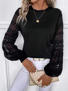 SHEIN Clasi 蕾絲拼接燈籠袖運動衫 - 黑色 - 查看 4