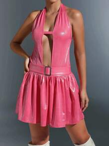 SHEIN Unity 深V領後背繫帶金屬扣環腰帶洋裝 - 粉色 - 查看 1