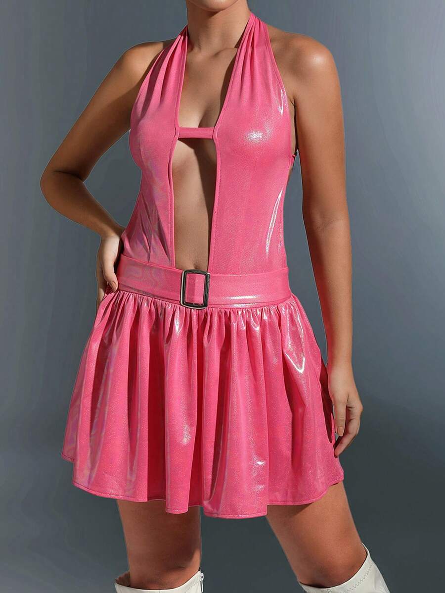 SHEIN Unity 深V領後背繫帶金屬扣環腰帶洋裝 - 粉色 - 查看 1