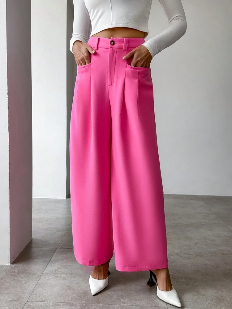 Plicated Detail Wide Leg Suit Pants