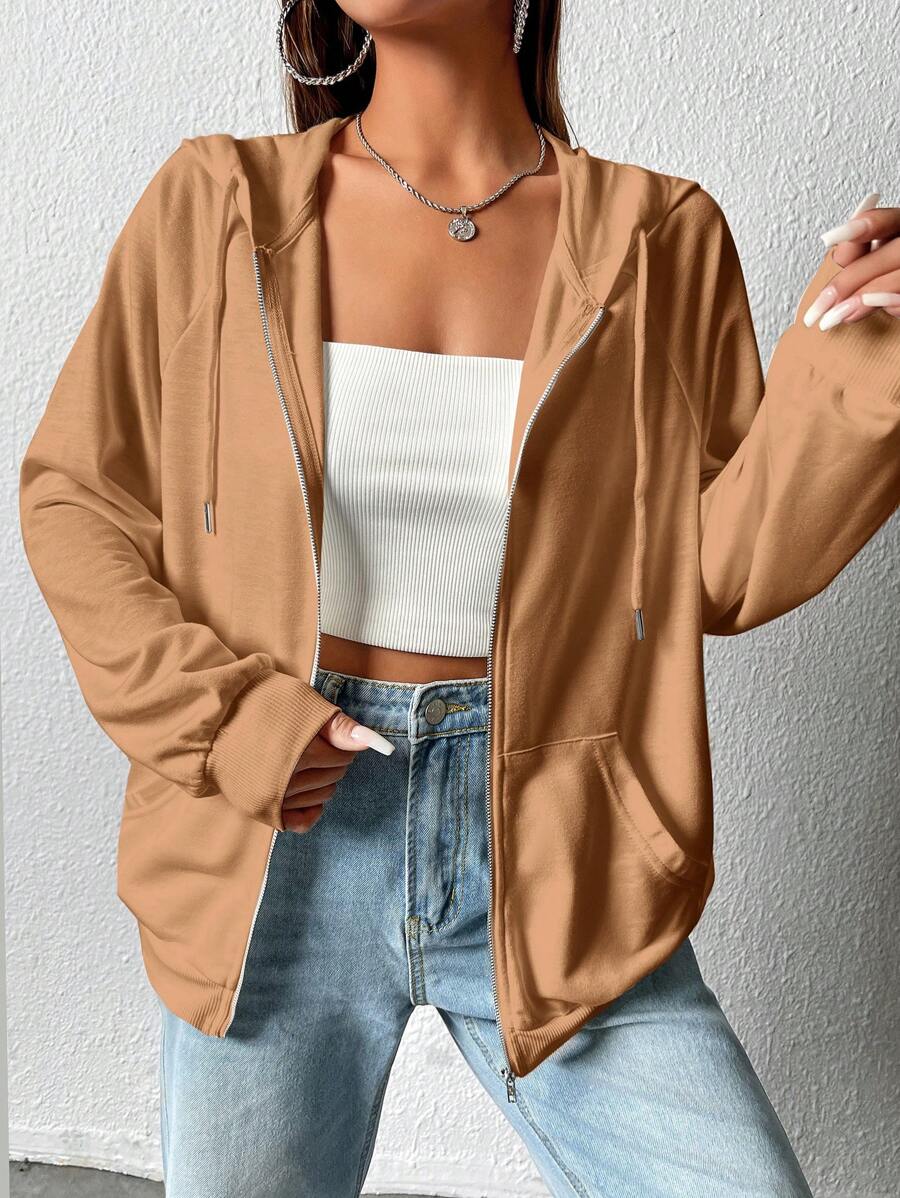 SHEIN EZwear Quần áo thể thao nữ Túi Dây kéo màu trơn Giải trí - Màu Khaki - Xem 1