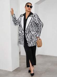 SHEIN Privé Plus Zebra Striped Print Lapel Neck Blazer - Black and White - View 7