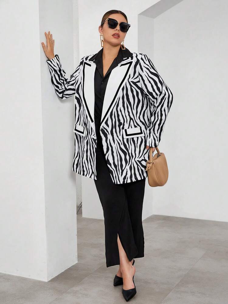 SHEIN Privé Plus Zebra Striped Print Lapel Neck Blazer - Black and White - View 7