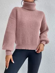 Celisse Turtleneck Drop Shoulder Knit Pullover Fall Winter Sweater - Dusty Pink - View 3