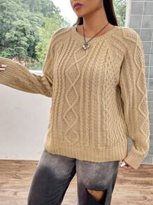 Flirla Plus Cable Knit Raglan Sleeve Sweater - Apricot - View 3
