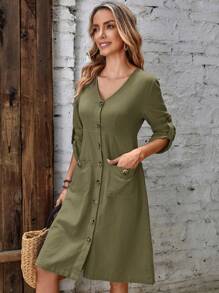 EMERY ROSE 捲邊袖前紐扣雙口袋洋裝 - 軍綠色 - 查看 7