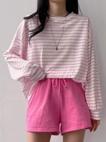 DAZY 女式条纹落肩T恤长袖女式上衣，秋季女装