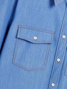 SHEIN EZwear Flap Pocket Button Front Shirt - Blue - View 4