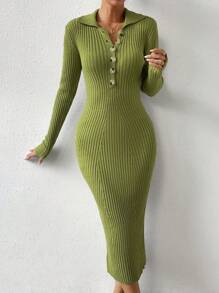 Chiquease Ladies áo len váy Gân đan Nút phía trước màu trơn Thanh lịch - màu xanh lá - Xem 4