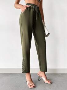 EURMUSE Solid Drawstring Waist Slant Pocket Pants - Army Green - View 3