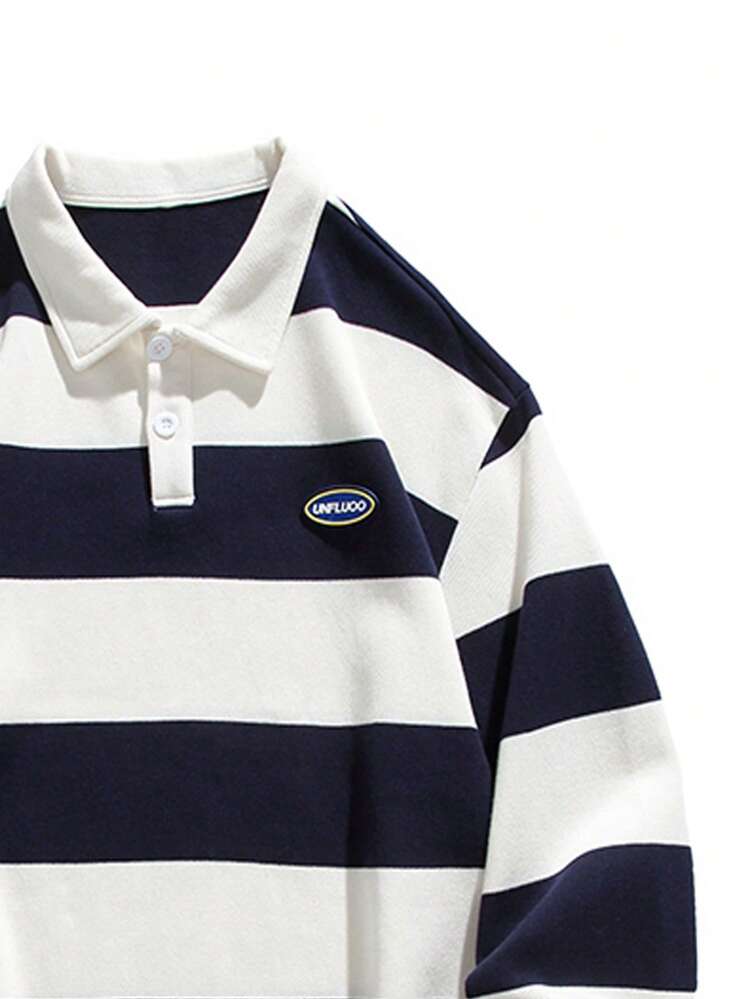 Men Striped Print Letter Patched Polo Neck Sweatshirt - Navy Blue - View 3