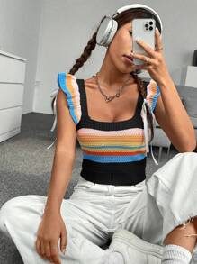 SHEIN Qutie 條紋圖案荷葉邊針織上衣 - 彩色 - 查看 1