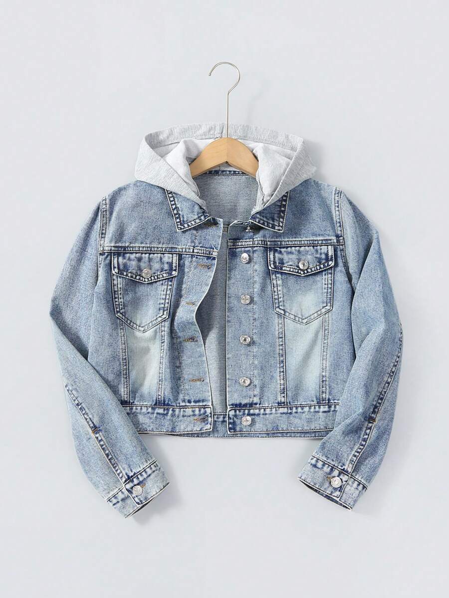 青少年女孩翻蓋口袋連帽牛仔夾克 - 淺色水洗藍 - 查看 1