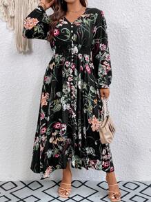 SHEIN LUNE Plus Floral Print Lantern Sleeve Split Thigh Dress - Black - View 7