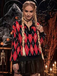 PUNK Suéter de punto con caída de hombros y estampado de argyle para otoño e invierno - Multicolor - Ver 4