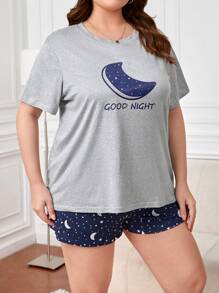 大碼月亮和字母圖形 T 恤和短褲睡衣套裝 - 彩色 - 查看 3