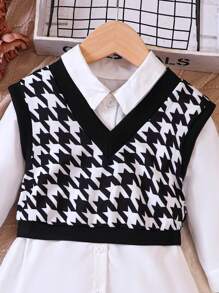 SHEIN 女小童千鳥格印花背心上衣&襯衫洋裝 - 黑與白 - 查看 5