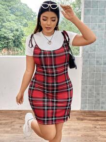 SHEIN ICON 大碼格紋印花肩上打結下擺開叉吊帶緊身洋裝不帶T恤 - 彩色 - 查看 3