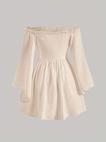 SHEIN MOD 一字肩喇叭袖褶邊洋裝 - 杏色 - 查看 2