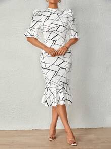 SHEIN Privé Đầm Viên lá sen Xù Hình học Tất cả trên in Thanh lịch - trắng - Xem 5