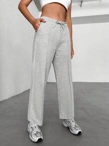 RueChic Solid Drawstring Waist Seam Detail Sweatpants - Light Grey - View 4
