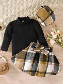 Áo thun cổ cao tay bong bóng cho bé gái 2 chiếc, trang phục váy và mũ in lưới, mềm mại, thoải mái, thời trang - màu đen - Xem 7