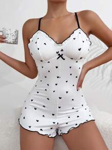 Cami Schlafromper Herzen Muster, Wellensaum,