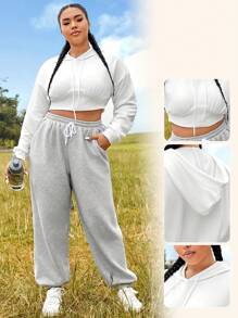 SHEIN Sport Studio Plus Drop Shoulder Drawstring Hooded Crop Sports Sweatshirt