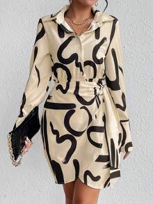 SHEIN Frenchy Allover Print Knot Side Wrap Shirt Dress - Multicolor - View 3