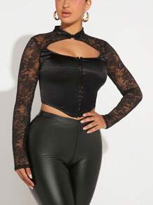 SHEIN SXY 蕾絲拼接前鏤空鉤眼扣前頭巾下擺短款上衣 - 黑色 - 查看 3