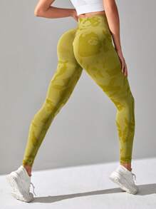 Easithlete 女款迷彩印花宽腰运动紧身裤瑜伽裤 - 軍綠色 - 查看 2