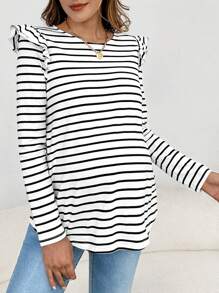 SHEIN Maternity Striped Print Button Back Ruffle Trim Tee - White - View 3