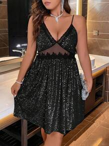 Allurite 大碼拼接網紗刺繡亮片吊帶洋裝 - 黑色 - 查看 7