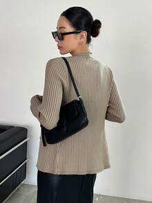 DAZY Đồ đan Ribbed Nút phía trước Áo len Mở - Màu Khaki - Xem 2