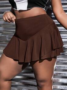 Slaydiva Plus High Waist Ruffle Hem Skort - Chocolate Brown - View 1