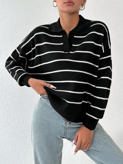 EURMUSE Striped Pattern Drop Shoulder Sweater
