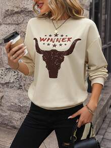 SHEIN LUNE 字母圖案落肩袖運動衫 - 杏色 - 查看 3