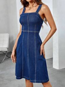 SHEIN Frenchy 寬肩帶牛仔吊帶洋裝 - 藍色 - 查看 4