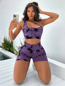 Yoga Trendy 紮染單肩運動套裝 - 紫色 - 查看 4