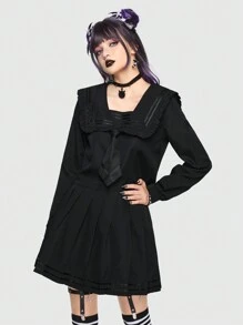 ROMWE J-Fashion Striped Sailor Collar Blouse & Pleated Skirt - Black - View 6