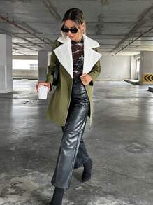 SHEIN Essnce 西裝領毛絨內襯拉鏈開襟外套