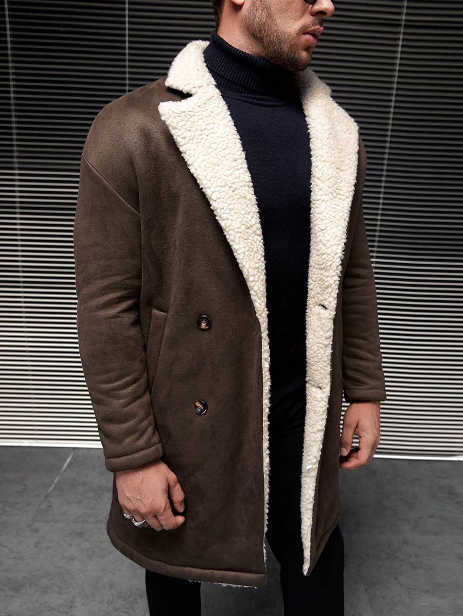 GENTILAND 1pc Loose Fit Men's Double Breasted Teddy Lined Coat - Chocolate Brown - View 1