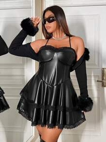 SHEIN ICON Plus Contrast Lace Patent Cami Dress Without Arm Sleeves - Black - View 4