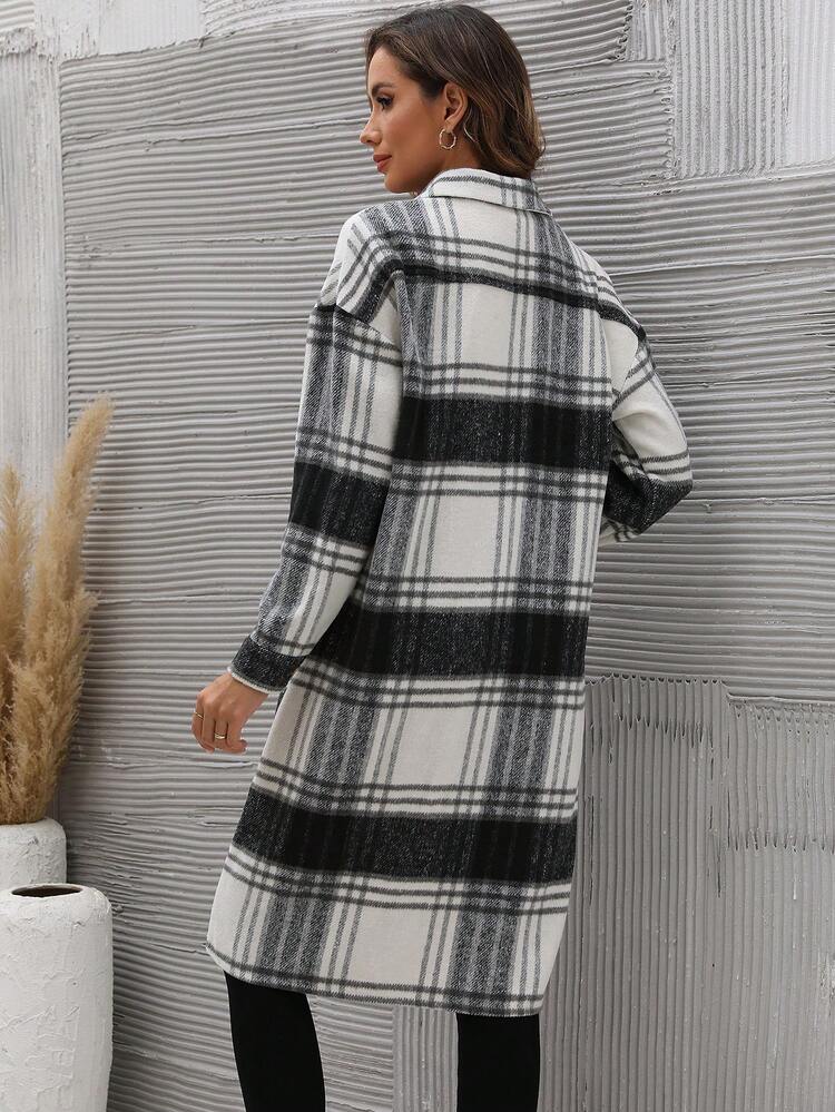 Plaid Print Drop Shoulder Flap Pocket Overcoat Fall Winter Cloth For Women