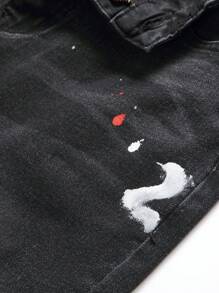 Manfinity Homme Men Splash Ink Print Ripped Frayed Bleach Wash Jeans, Plain Slim Fit Long Dark Grey Cargo Jeans, For Husband, Boyfriend Gifts, Men Paint Splatter Jeans, Men Ripped Jeans, Men Distressed Jeans - Black - View 4