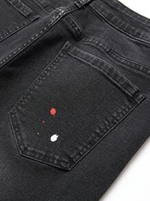 Manfinity Homme Men Splash Ink Print Ripped Frayed Bleach Wash Jeans, Plain Slim Fit Long Dark Grey Cargo Jeans, For Husband, Boyfriend Gifts, Men Paint Splatter Jeans, Men Ripped Jeans, Men Distressed Jeans - Black - View 5