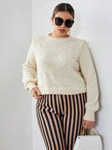 SHEIN Privé 大碼素色墊肩套頭毛衣 - 米色 - 查看 4