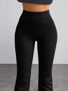 EURMUSE Casual Solid Color High Waist Flare Leg Pants - Black - View 3