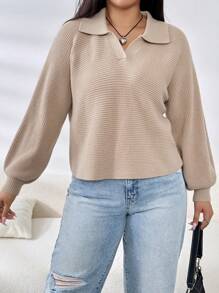 SHEIN EZwear 大碼素色V領套頭毛衣 - 駝色 - 查看 1